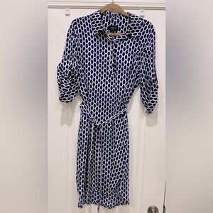 Laundry jersey knit, hi low hem,tie waist, slip over navy & white dress Size 12